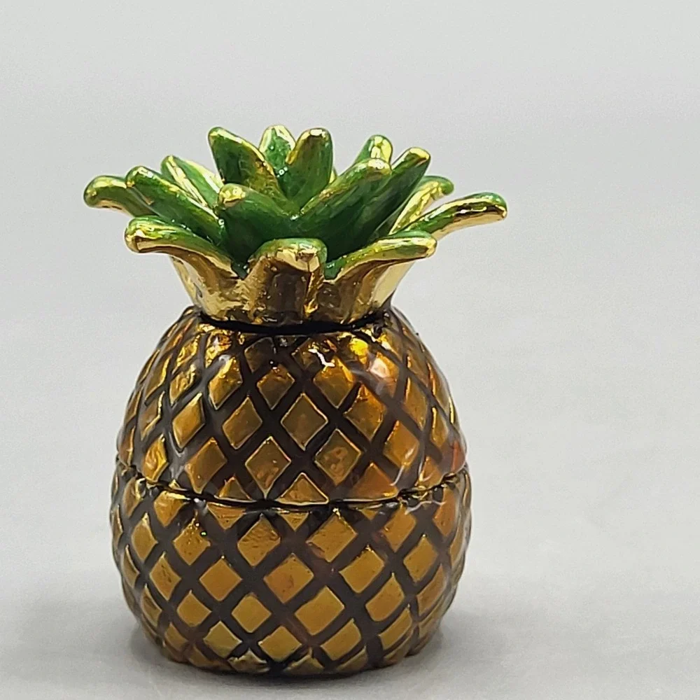 Work of Art Pineapple Trinket Pill Box Small Hinged Enameled Shelf Decor